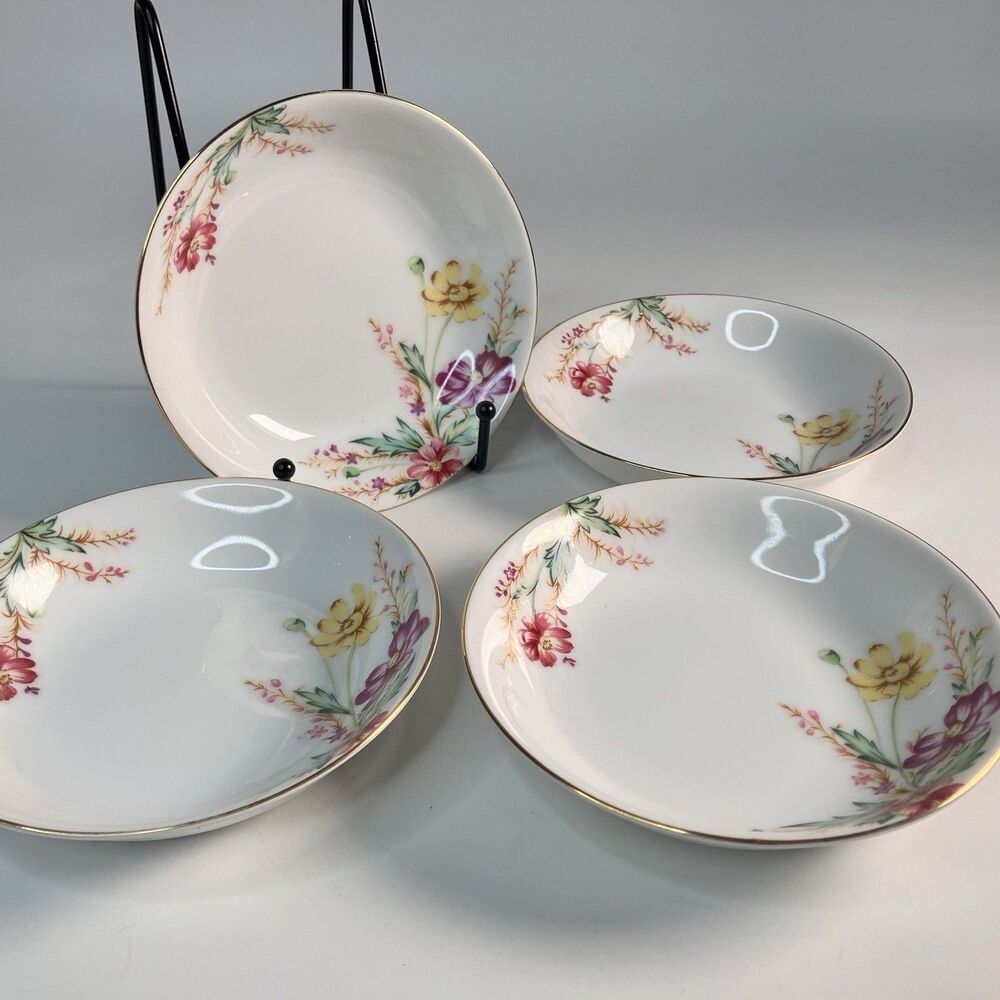 Vtg Kent China Springfield 6.5" Dessert Bowls Set 4 Grannycore Floral Gold Trim